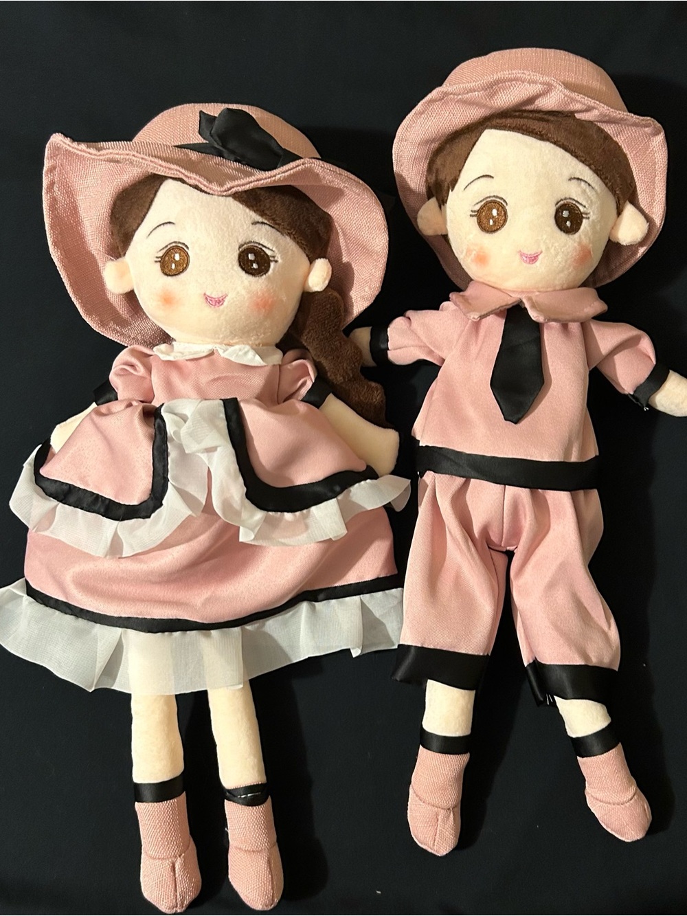 Pink Plush Doll Pair with Black Trim NWT